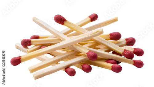 Foto Isolated pile of unlit wooden matches with red tips arranged in a stack, ready for ignition