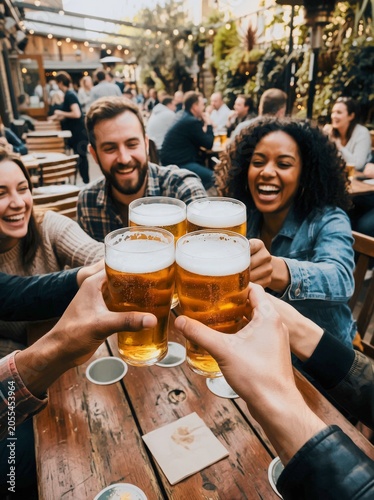 Friends cheering with beer glasses at lively outdoor patio gathering