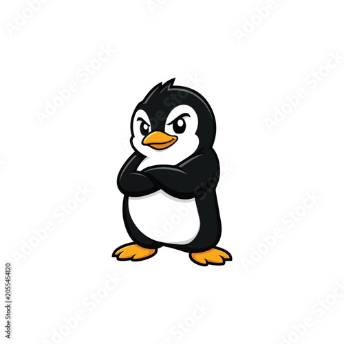 Cute penguin cartoon character standing with folded arms vector illustration