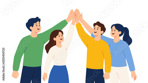 Obraz na plátně Group of four people giving a team high five illustration