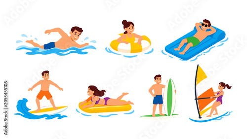 Photography Summer water activities collection with people swimming and surfing