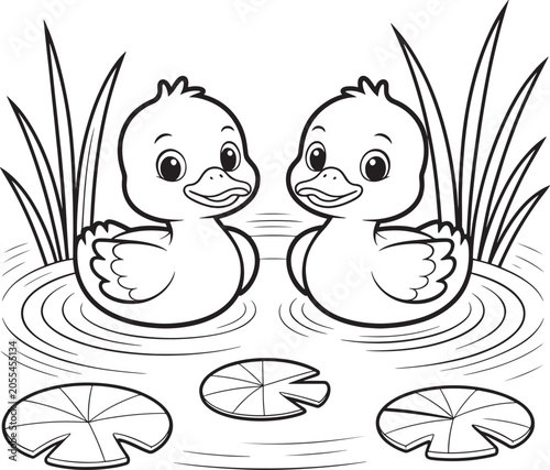Картината върху платно Two ducklings with lily pads, black and white vector illustration duckling baby