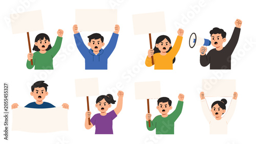 Картината върху платно Group of protesters holding blank signs in flat vector style
