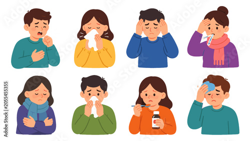 Obraz na plátne Set of sick people with cold, fever, cough and headache