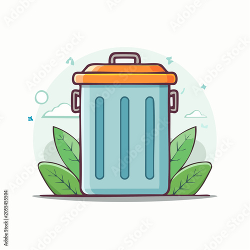 Cartoon Trash Can with Green Leaves and Sky Background