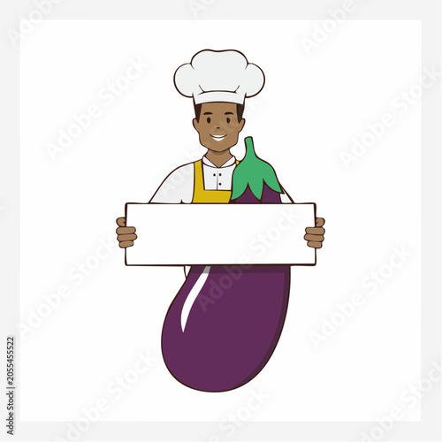 Chef Holding Eggplant and Blank Sign