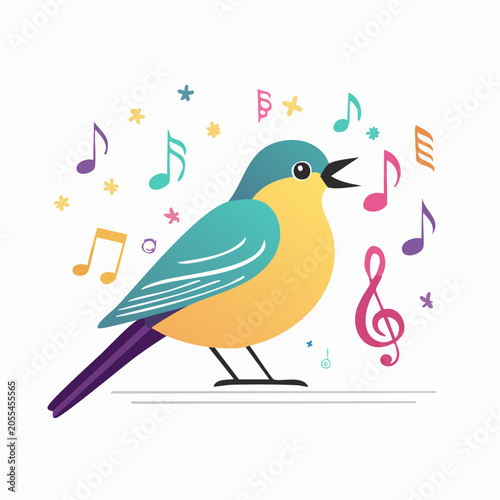 Cute Bird Singing with Musical Notes