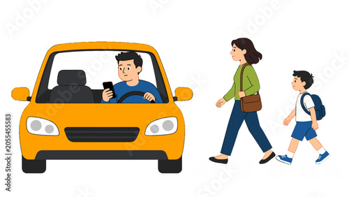 Fotografie Driver using smartphone near pedestrians at crosswalk illustration