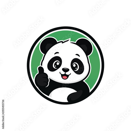 Cute panda cartoon character showing thumbs up in green circle badge vector illustration