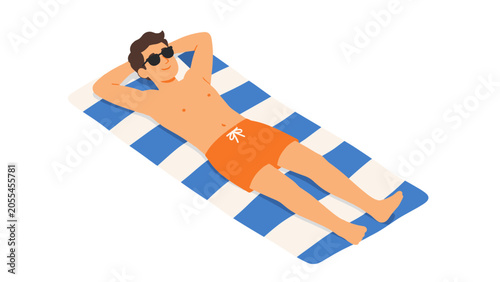 Photos Man sunbathing on striped towel in flat vector style