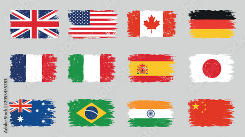 World flags grunge brush strokes set 