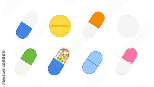 Photos Set of colorful medicine pills and tablets isolated on white