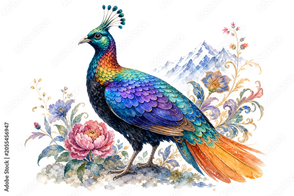 Obraz premium Colorful Himalayan Monal Watercolor With Floral Motifs
