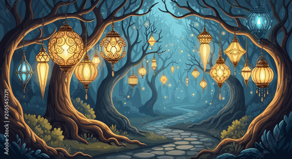 Fototapeta premium An enchanted forest path at night illuminated by glowing ornate lanterns. This magical fantasy illustration is ideal for backgrounds, storytelling, or fantasy themes.
