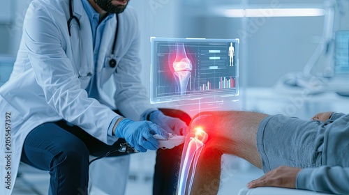 Doctor uses futuristic holographic display showing a knee joint x-ray and data