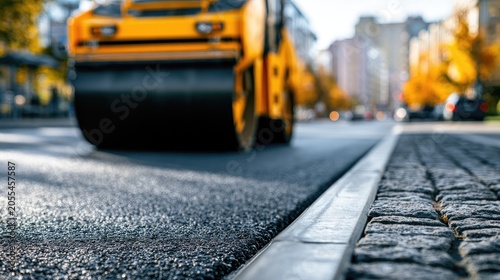 Yellow roller compacting fresh asphalt on a paved street in autumn