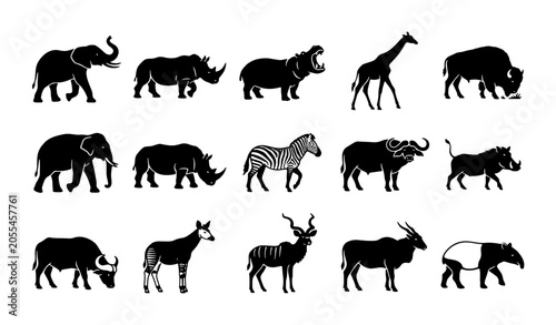 Tableau sur toile African safari animal silhouettes, set of 15 wild wildlife icons, black and whit