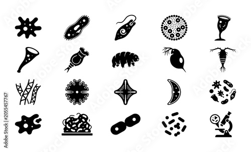 Принти на полотні Microscopic organism icon set, 20 black vector silhouettes of bacteria and plank