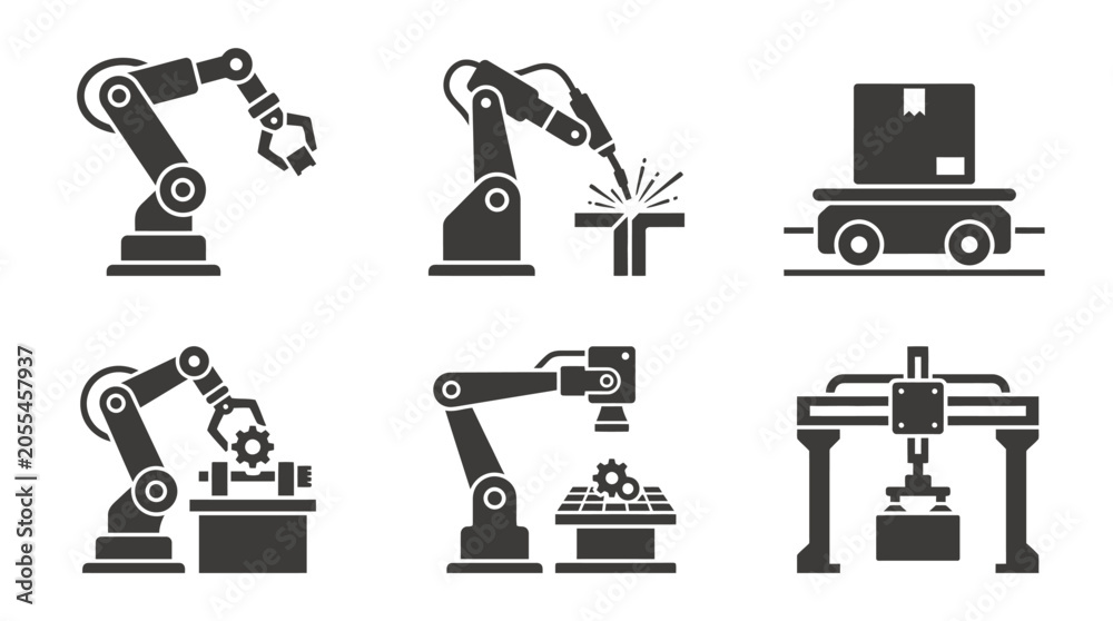 Fototapeta premium Collection of robotic arms performing various industrial tasks in a factory setting