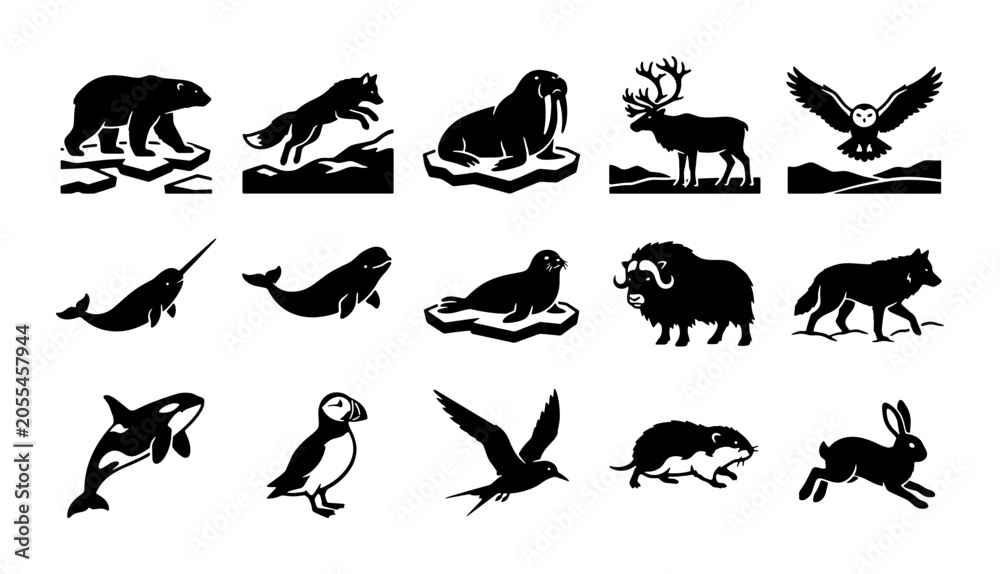 Fototapeta premium Arctic animals icon set, 15 black polar wildlife vector silhouettes, northern fauna collection with polar bear, whale, and reindeer icons
