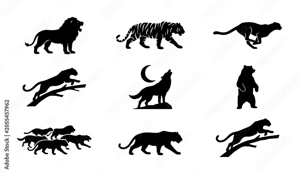 Obraz premium Wild animal silhouettes collection, set of 9 black predator icons, lion tiger and wolf vector graphics, safari wildlife silhouettes for logo design