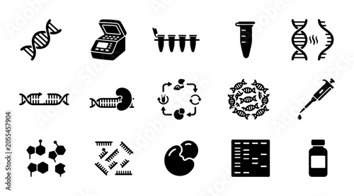 Billede på lærred Biotechnology and genetic engineering icon set, 15 black silhouette laboratory s