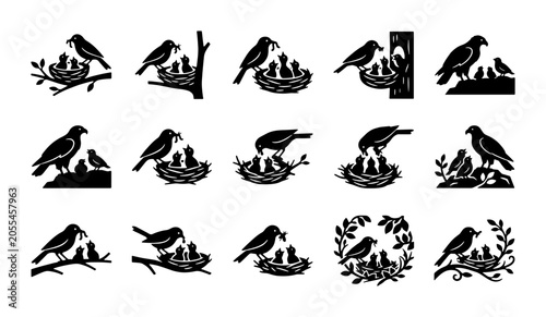 Canvastavla Bird nest silhouette icons, set of 15 vector illustrations of parent birds feedi