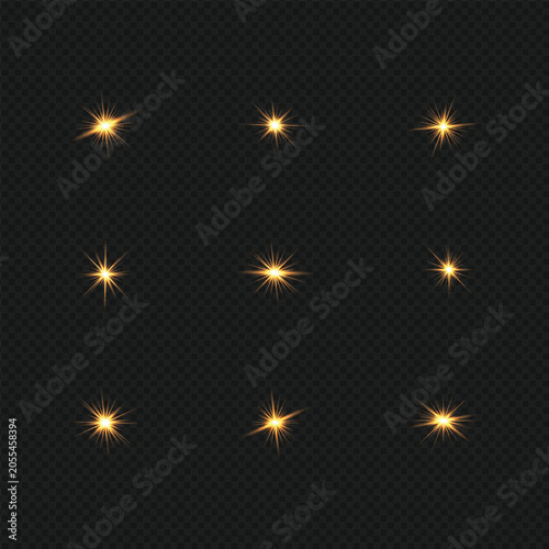 Golden Sparkling Starburst Light Effects Collection on Transparent Background Vector Illustration