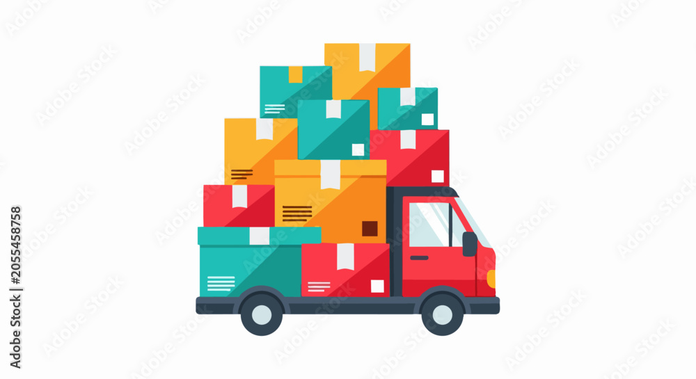Fototapeta premium Delivery Truck Loaded with Large Stack of Colorful Boxes, Logistics and E-commerce Shipping Concept Illustration
