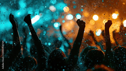 Crowd with hands raised at a vibrant concert with colorful bokeh lights