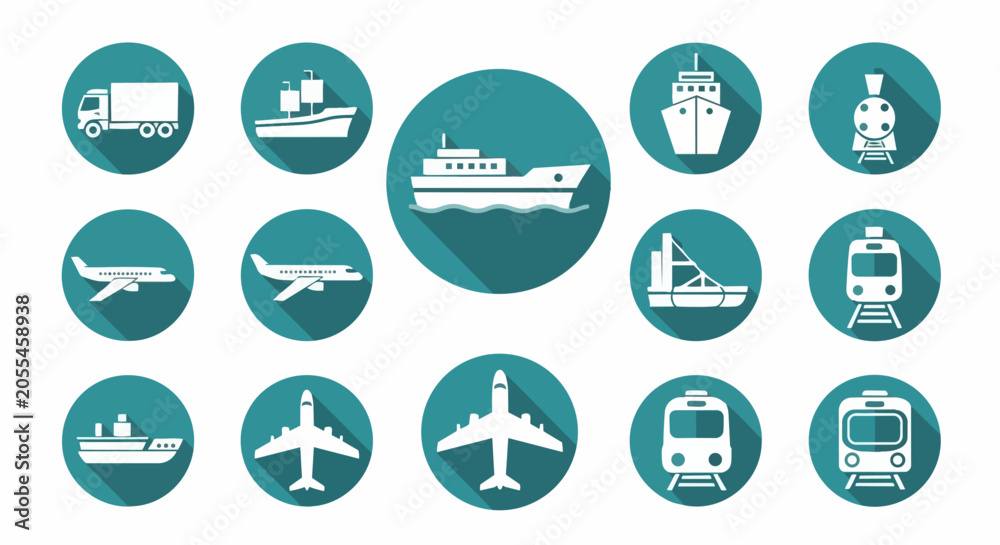 Fototapeta premium Global Logistics and Transportation Icon Set - Flat Design Vector Illustrations for Shipping, Freight, and Cargo