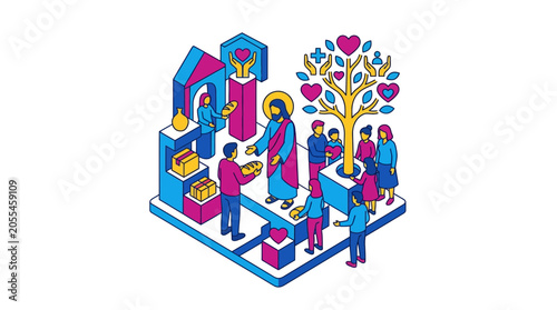 Cuadro en lienzo Jesus Christ Sharing Love and Charity with People, Isometric Illustration