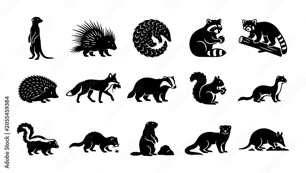 Fototapeta premium Black silhouette forest animal icons, set of 15 wildlife creature vector illustrations, minimalist woodland fauna graphics for nature branding