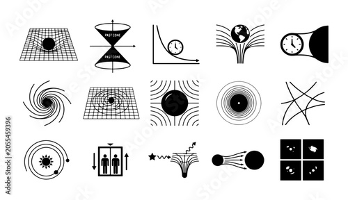Quadro su tela Theoretical physics icons set, 15 black and white vector symbols of relativity a