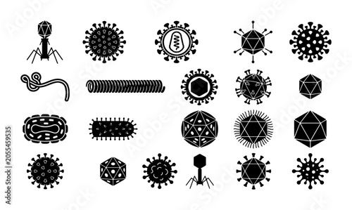 Foto Microscopic virus and bacteria icons set, 20 black silhouette pathogen vector el