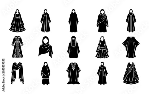 Foto Muslim women traditional clothing icons, 15 black silhouette abaya and hijab vec
