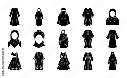 Bild auf Leinwand Islamic clothing icons set, traditional Muslim fashion silhouettes, black abaya