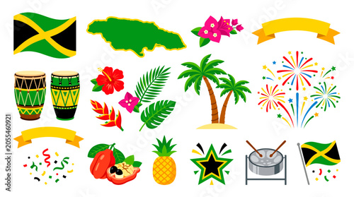 Jamaican culture celebration set featuring national flag map tropical flowers palm trees drums and ackee fruit icons on white background