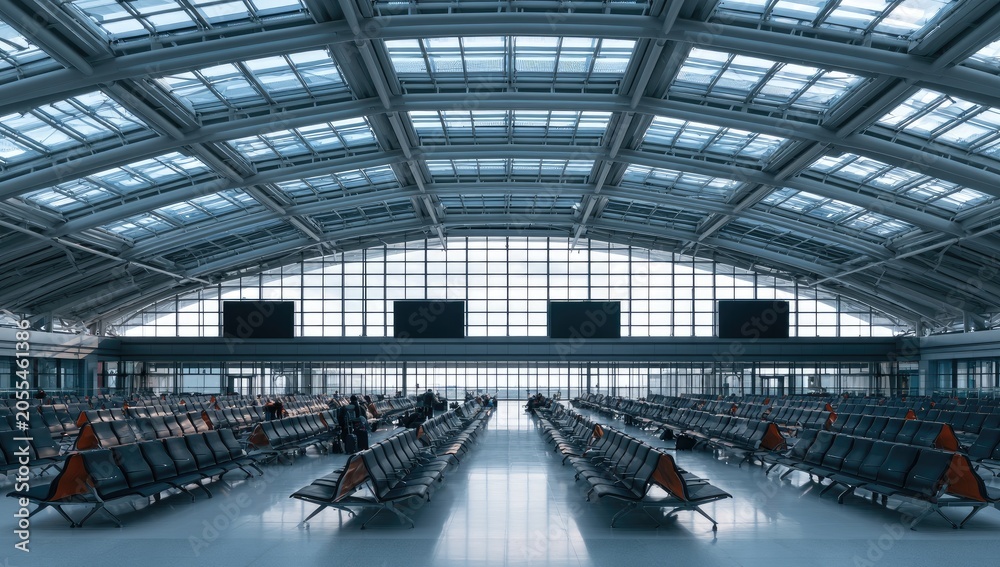 Fototapeta premium Spacious, modern terminal with rows of empty seats under a glass roof
