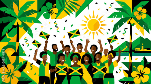 Vibrant Jamaican Independence Day Celebration Featuring Cheerful People Waving Flags Amidst Tropical Scenery and Golden Sunshine