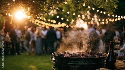 Outdoor gathering with barbecue, string lights, and guests enjoying a festive evening