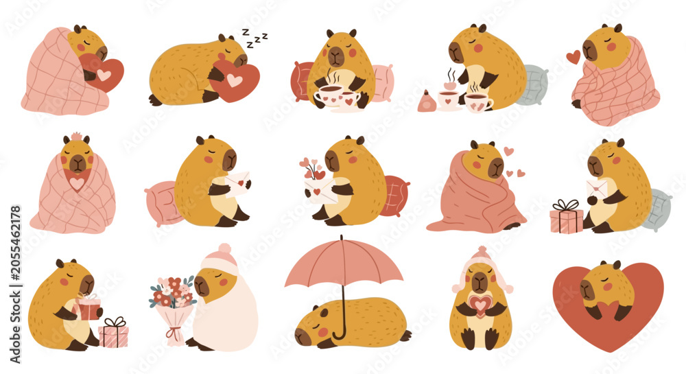 Fototapeta premium Cute Capybara Valentine Day Collection with Hearts and Cozy Elements for Romantic Greeting Card Illustrations
