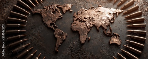 Copper world map surrounded by ammunition