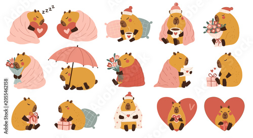 Quadro su tela Cute Capybara Character Collection Set Featuring Cozy Winter Blankets, Love Hear