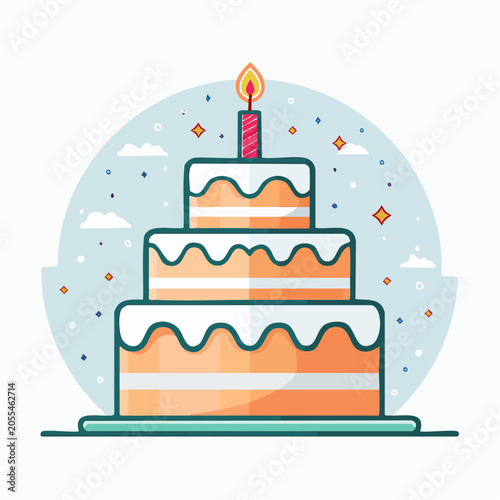 Three Tier Birthday Cake with Candle and Confetti