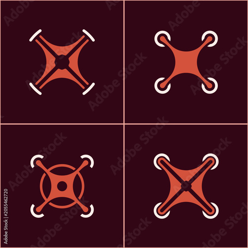 Collection of Modern Quadcopter Drone Icons, Showcasing Various Designs of Unmanned Aerial Vehicles for Technology, Delivery, and Surveillance Concepts