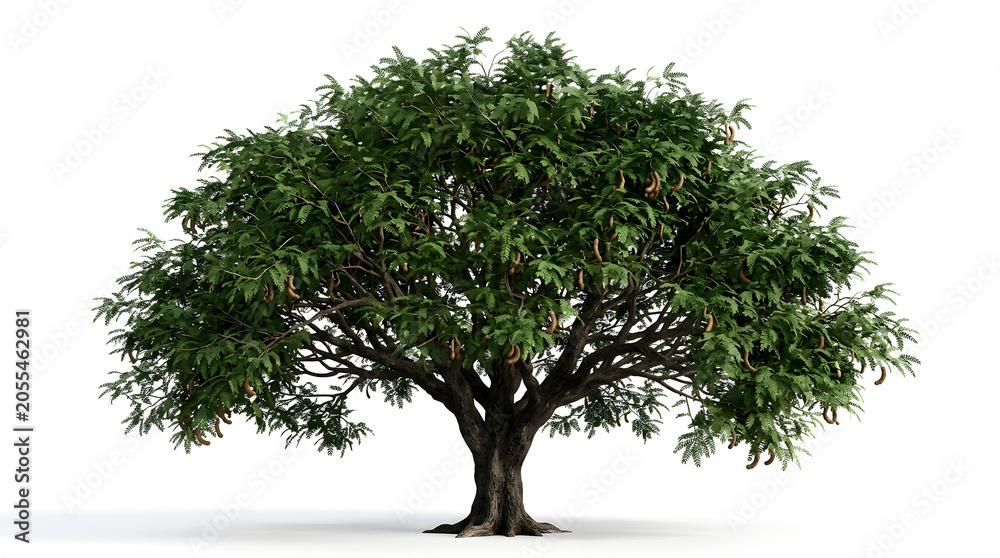 Obraz premium Large Tamarind Tree with Lush Green Foliage and Ripe Fruit Pods Isolated on a White Background