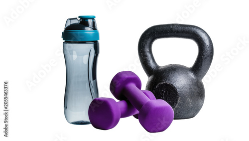 Foto Isolated essential fitness items water bottle, purple dumbbells, and robust blac