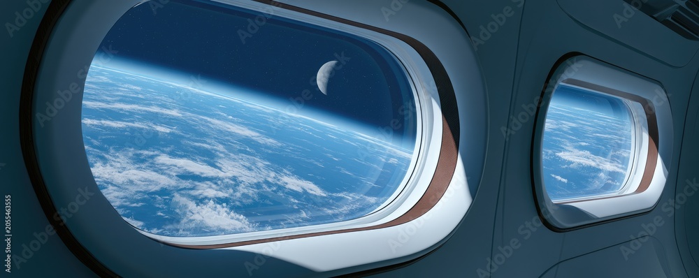Obraz premium View of planet Earth and moon from orbital windows