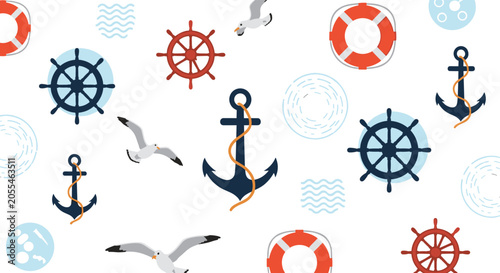 Seamless vector pattern background featuring nautical items like anchors, steering wheels, lifebuoys, and seagulls.